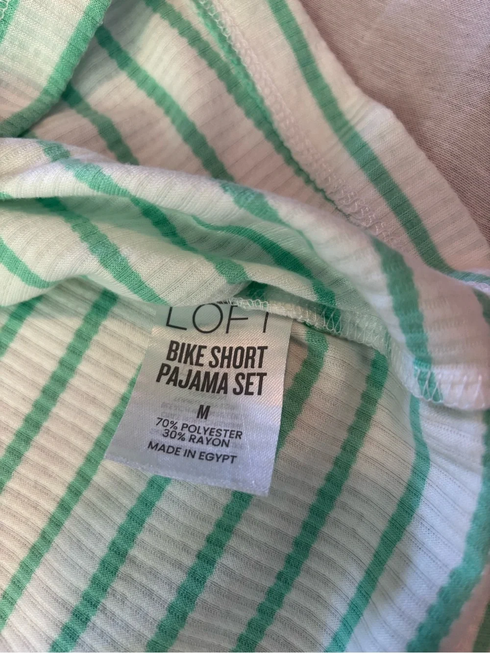 LOFT 2 Piece Bike Short Pajama Set Green Striped Ribbed Jersey Knit Lounge Wear
